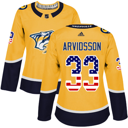 Adidas Predators #33 Viktor Arvidsson Yellow Home Authentic USA Flag Women's Stitched NHL Jersey - Click Image to Close